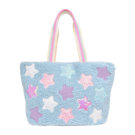 Glitter and Sequin Star-Patched Sherpa Large Tote Bag