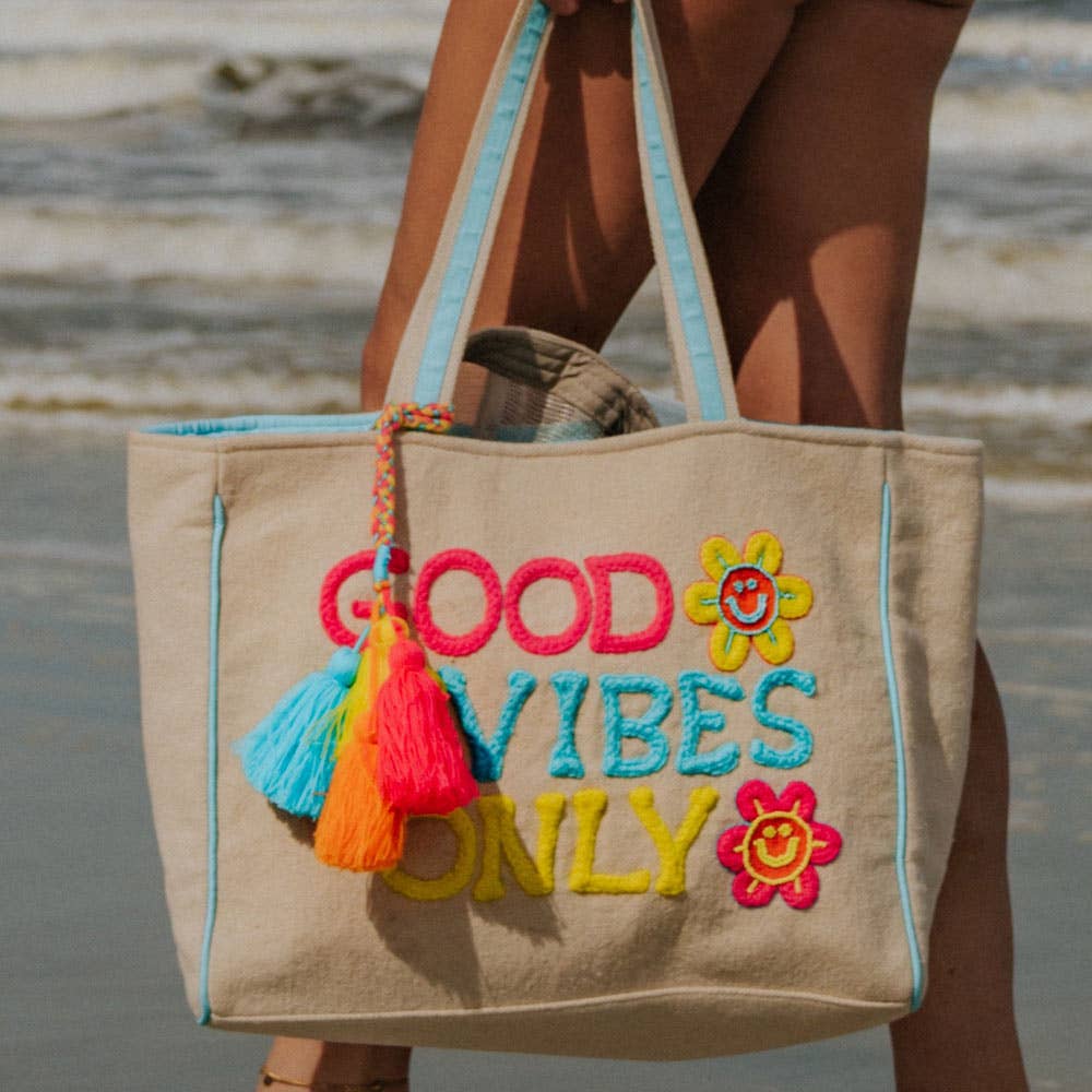 Good Vibes Only Happy Flowers Canvas Tote Bag Purse: Beige Canvas