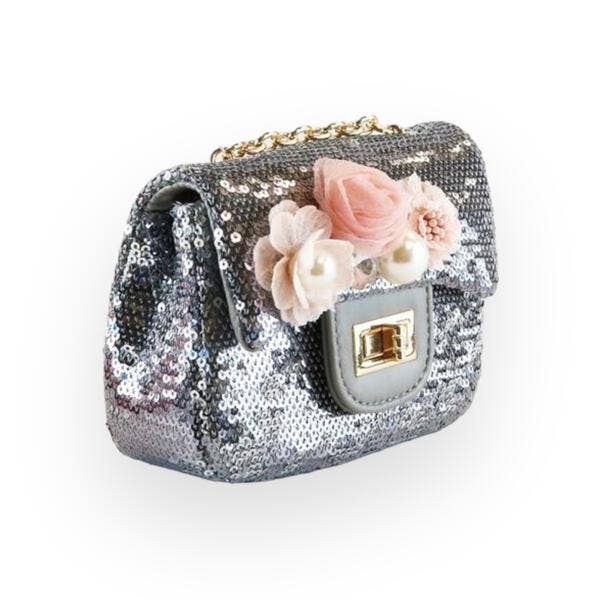 Floral Appliques Sequin Purse Silver