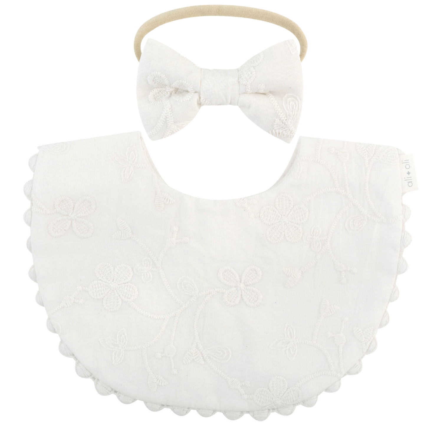 Cotton Baby Bib Double-Sided (Embroidered Flowers & Bow)