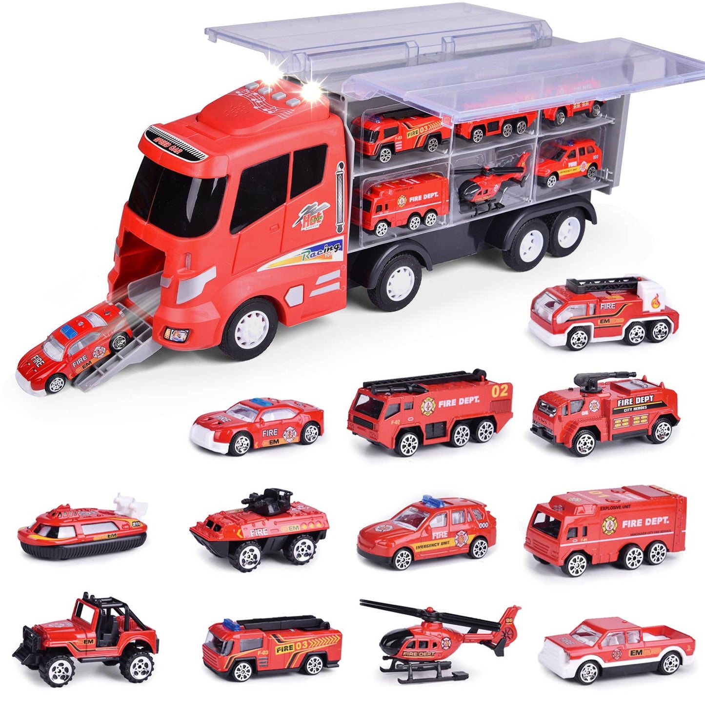 12 in 1 Die-cast Fire Truck Transport Fire Truck Carrier