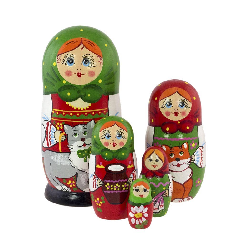 Russian Nesting Dolls Set with CATS, 5 Pcs/5.5"