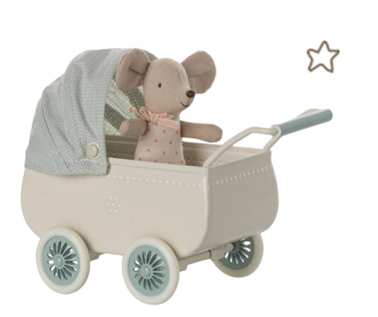 Pram with baby mouse - Mint