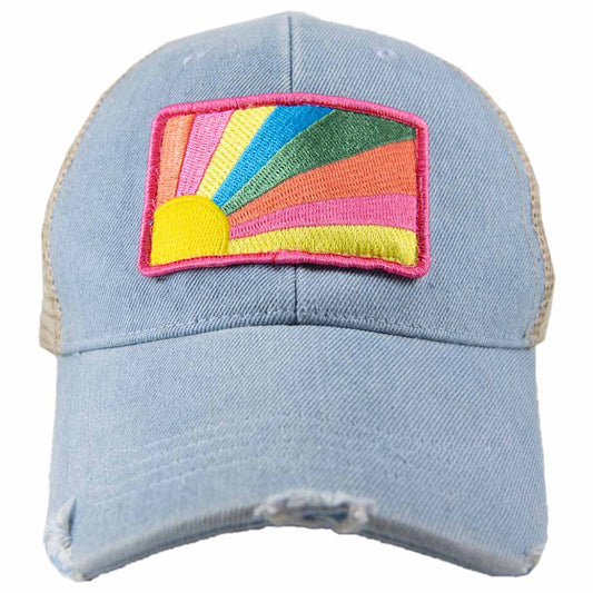 Bursting Sunshine Patch Denim Trucker Hat: Denim Blue