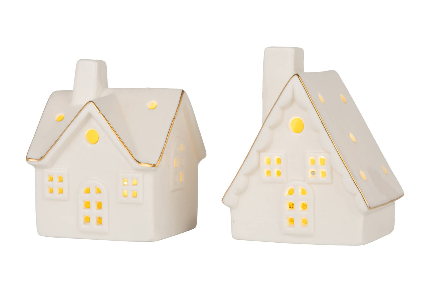 Asst'd ceramic white house  /LED, A-frame,scallop roof,3.5in