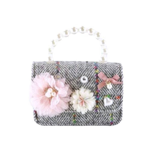 Floral Appliques Tweed Purse: Grey