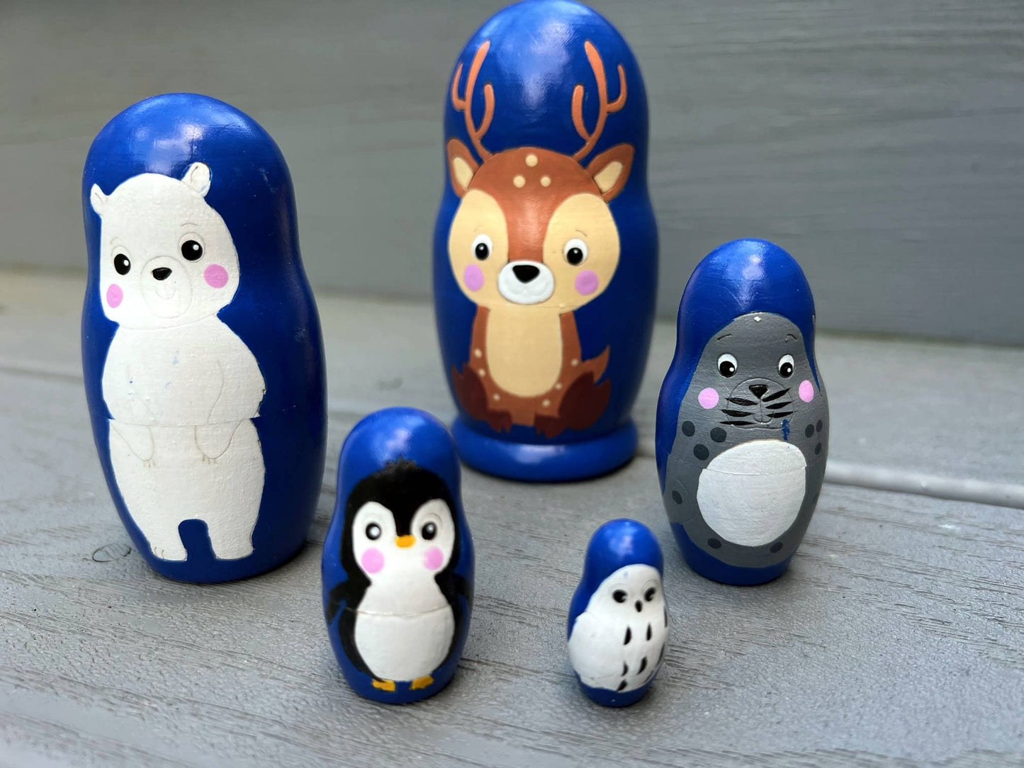 RAIN DEER BEAR OWL Nesting Dolls Set, 5 Pcs/4" ZOO ANIMALS