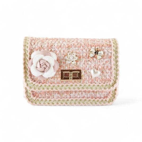 Floral Brooch Tweed Purse: Pink