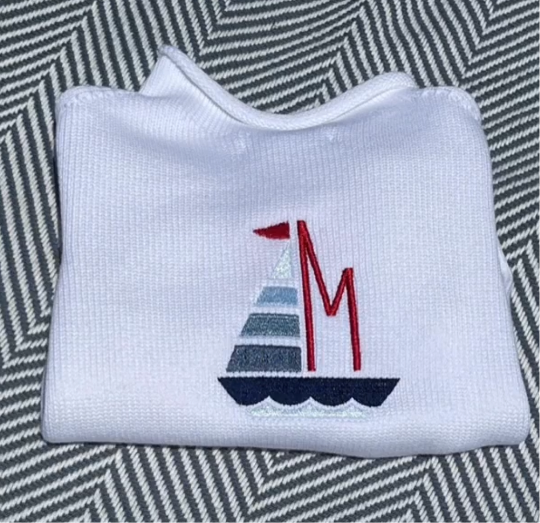 Monogrammed Initial SAILBOAT Jersey Rollneck Sweater-