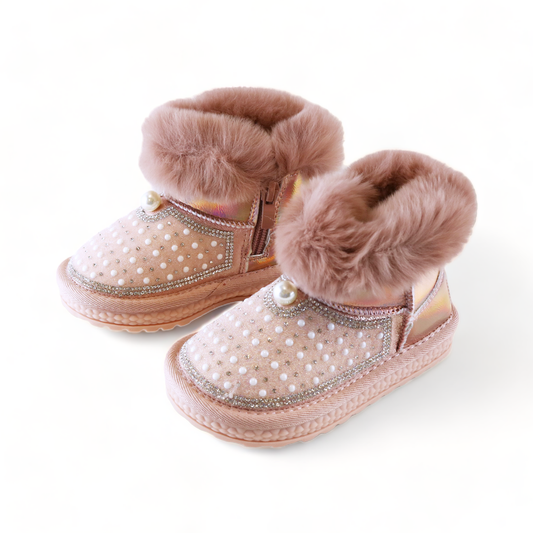 PINK Handcraft Rhinestone & Pearl Furry Boot