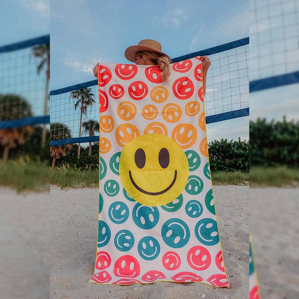 Happy Face Repeat Pattern Beach Quick Dry Towel: OS / Rainbow