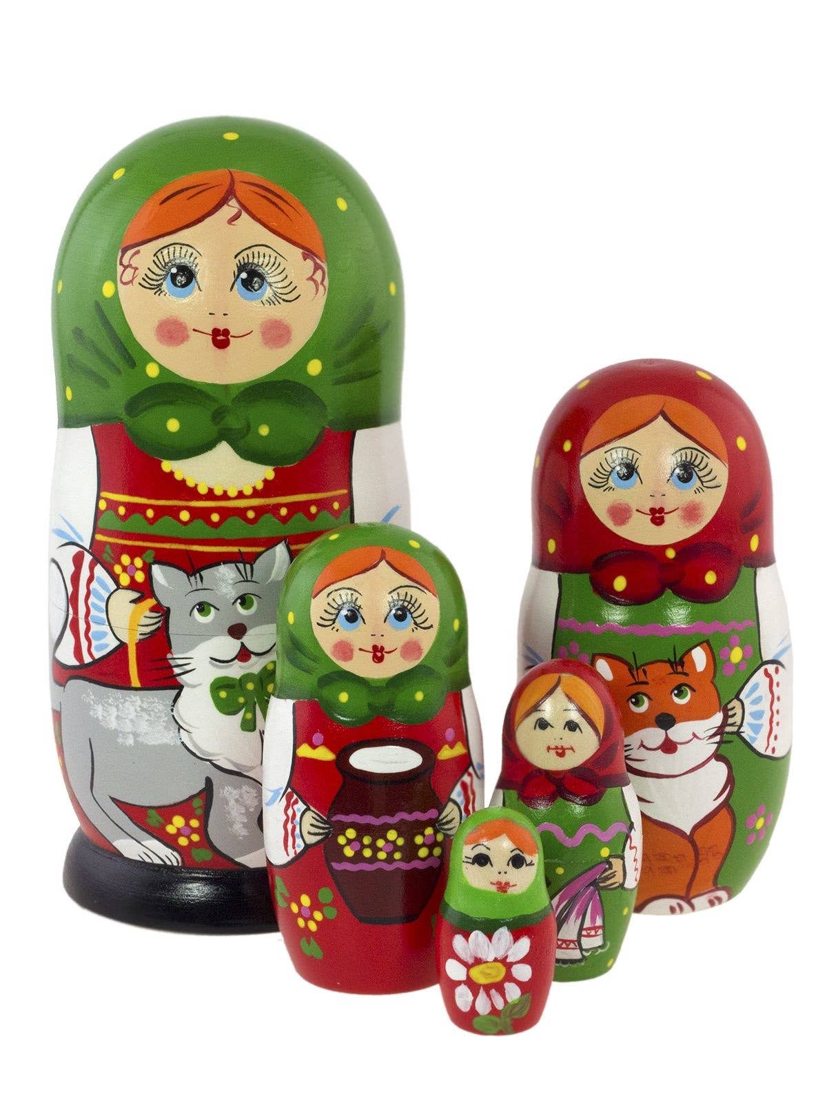 Russian Nesting Dolls Set with CATS, 5 Pcs/5.5"