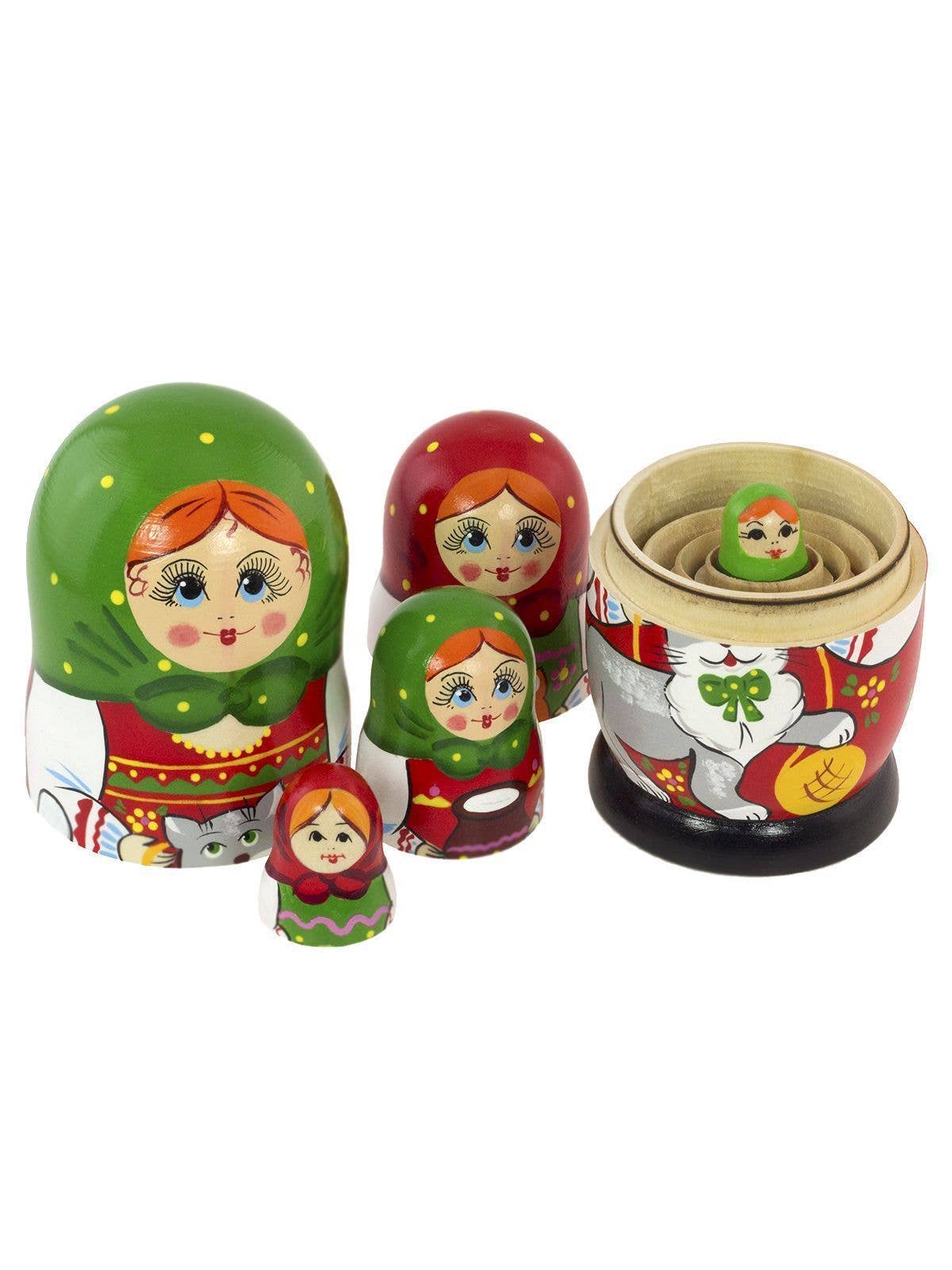 Russian Nesting Dolls Set with CATS, 5 Pcs/5.5"