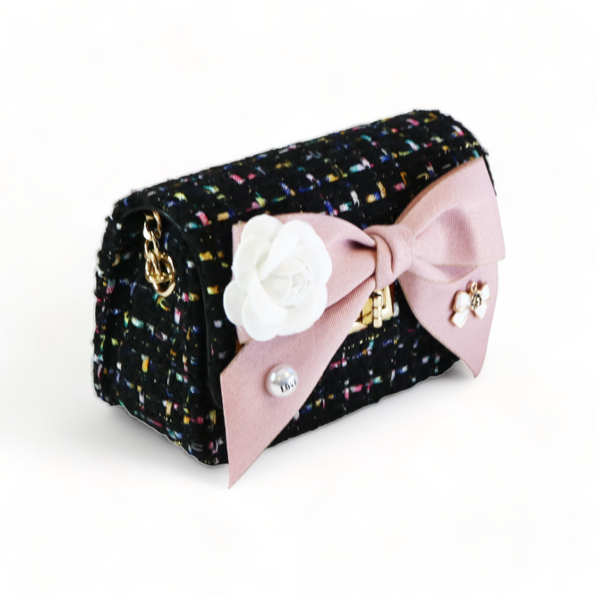 BLACK Floral Bow Tweed Purse