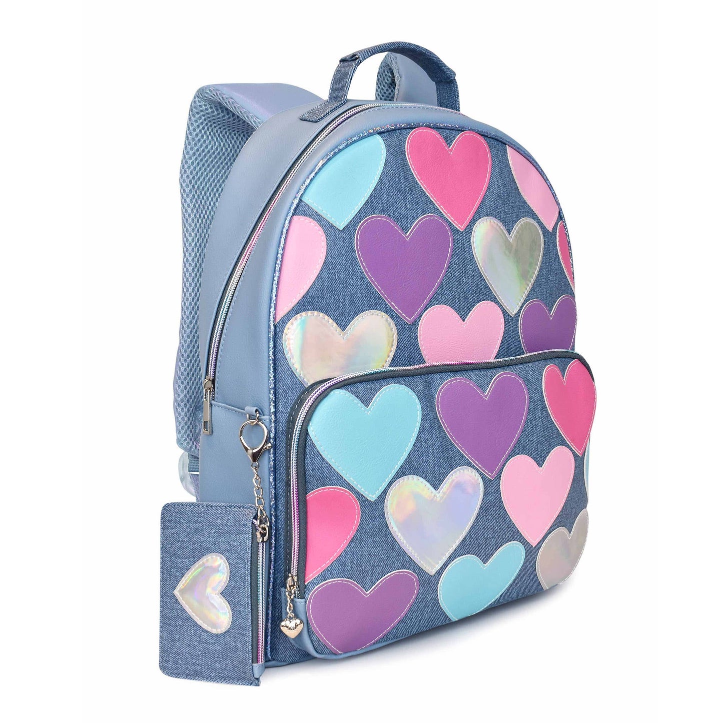 Heart-Patched Denim Large Backpack with Heart Coin Purse