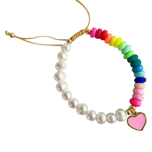 Pearl & Rainbow Beaded Bracelet w/ Heart Charm