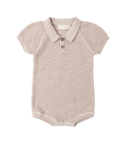 KNIT POLO ROMPER HEATHERED LATTE