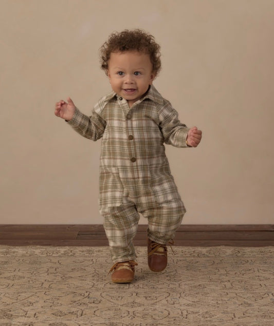 COLLARED BABY JUMPSUIT OLIVE DOBBY PLAID