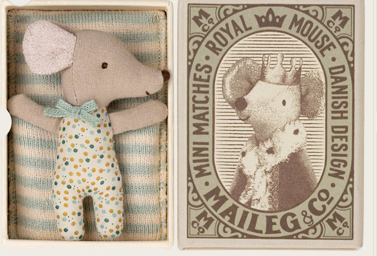 Maileg Sleepy/Wakey Baby Mouse in Matchbox - BLUE