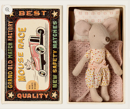 Maileg Little Sister Mouse in Matchbox- magnet hands