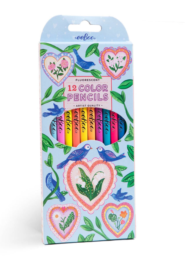 Hearts & Birds 12 Fluorescent Pencils & Matching Sketchbook