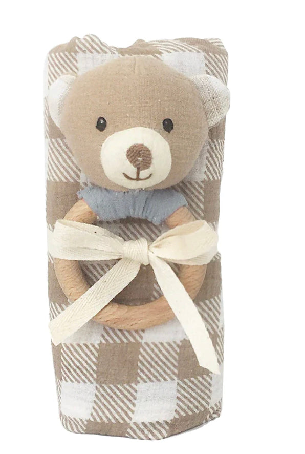 GINGHAM SWADDLE AND BEAR WOOD RATTLE GIFT SET
