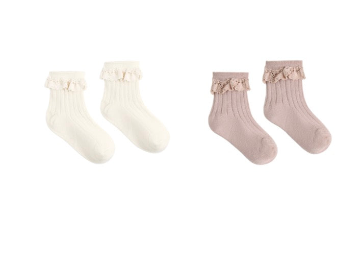 LACE TRIM SOCKS, 2-PACK ROSEWOOD, NATURAL