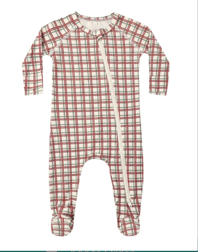 BAMBOO ZIP FOOTIE REDWOOD CHECK