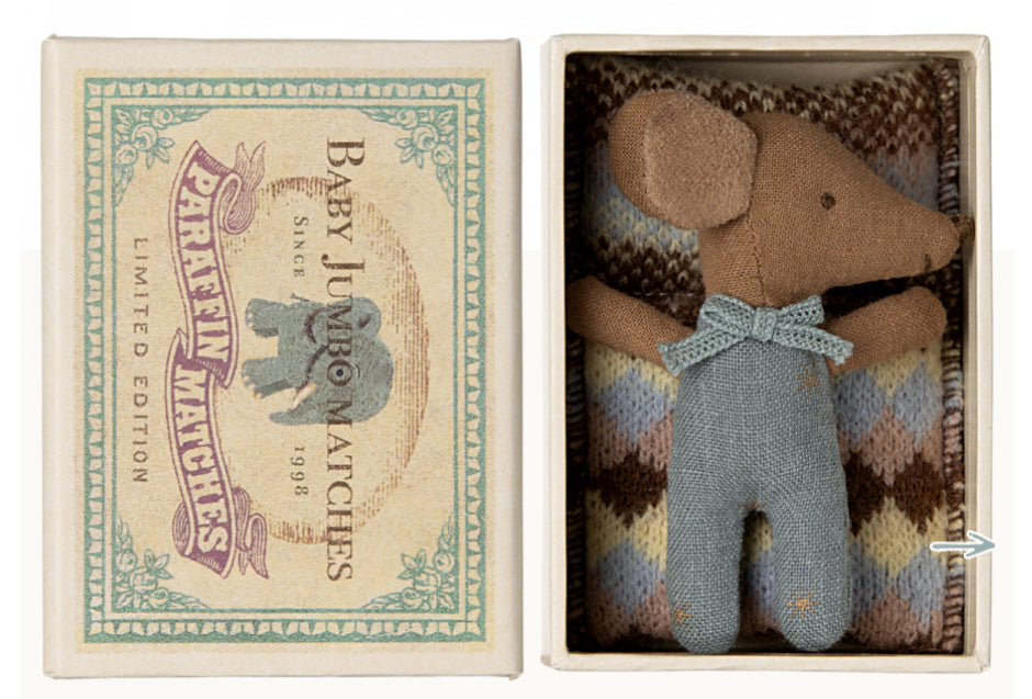 Maileg Sleepy/Wakey Baby Mouse in Matchbox - BLUE