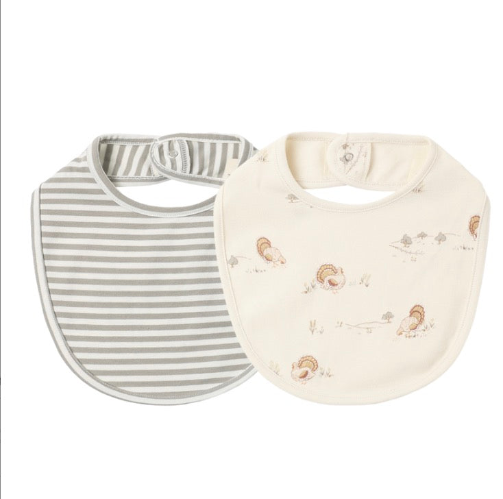 JERSEY SNAP BIB, 2 PACK LAUREL STRIPE, TURKEY