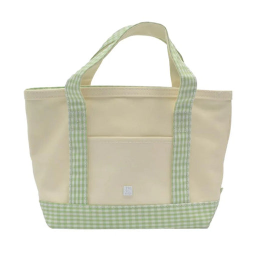 MINI TOTE - COATED CANVAS GINGHAM LEAF GREEN  TRIM