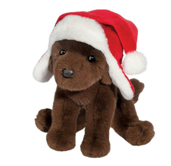 Chocolate Lab with Santa Bomber Hat