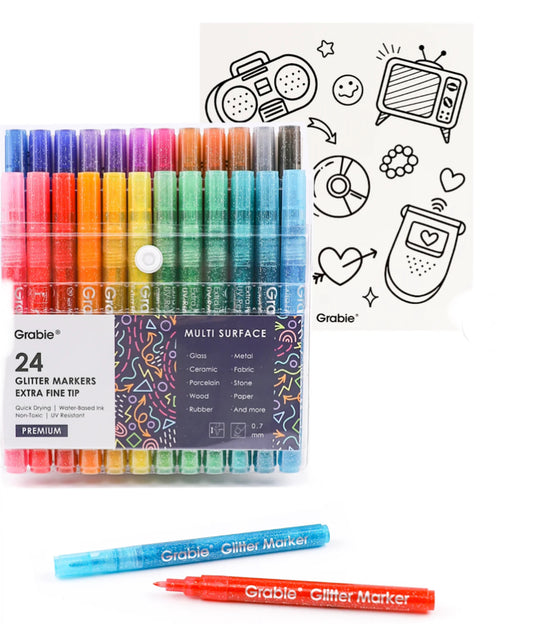 Iridescent Glitter Acrylic Paint Marker Set Of 24 plus 5 coloring cards