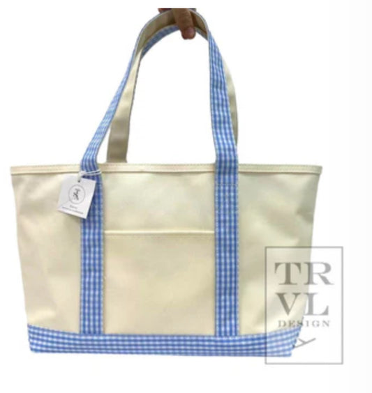 MEDIUM TOTE - COATED CANVAS GINGHAM SKY TRIM