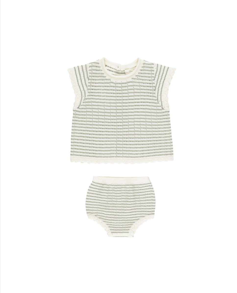 Scallop Knit Baby Set Sage Stripe