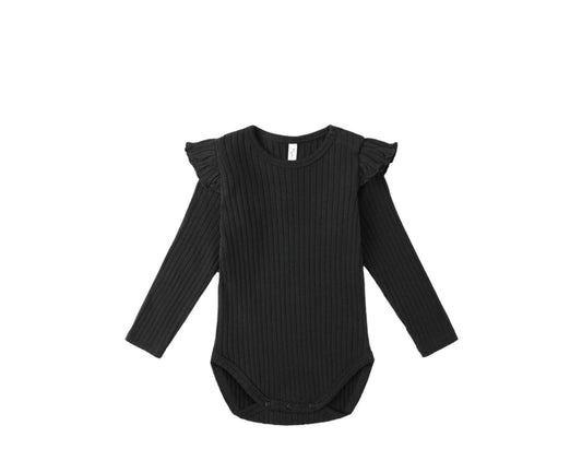 SHOULDER RUFFLE BODYSUIT || BLACK