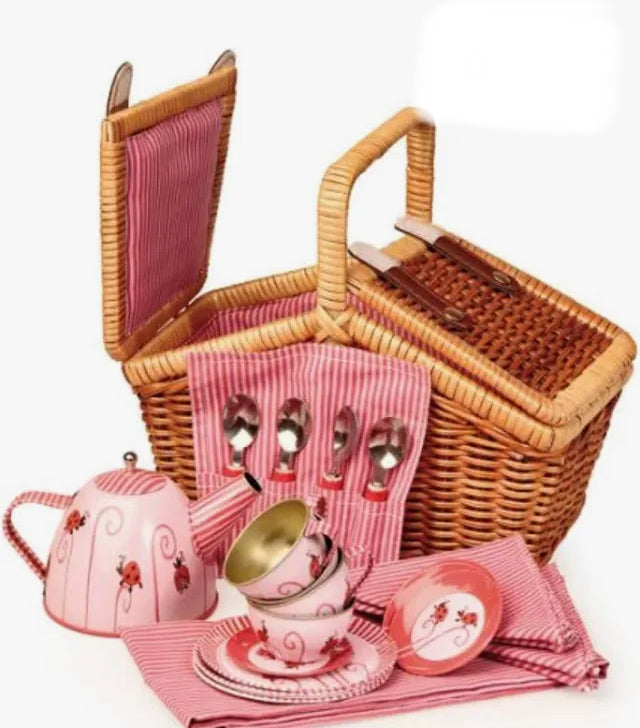 Tin Tea Set In a Wicker Case - Ladybug