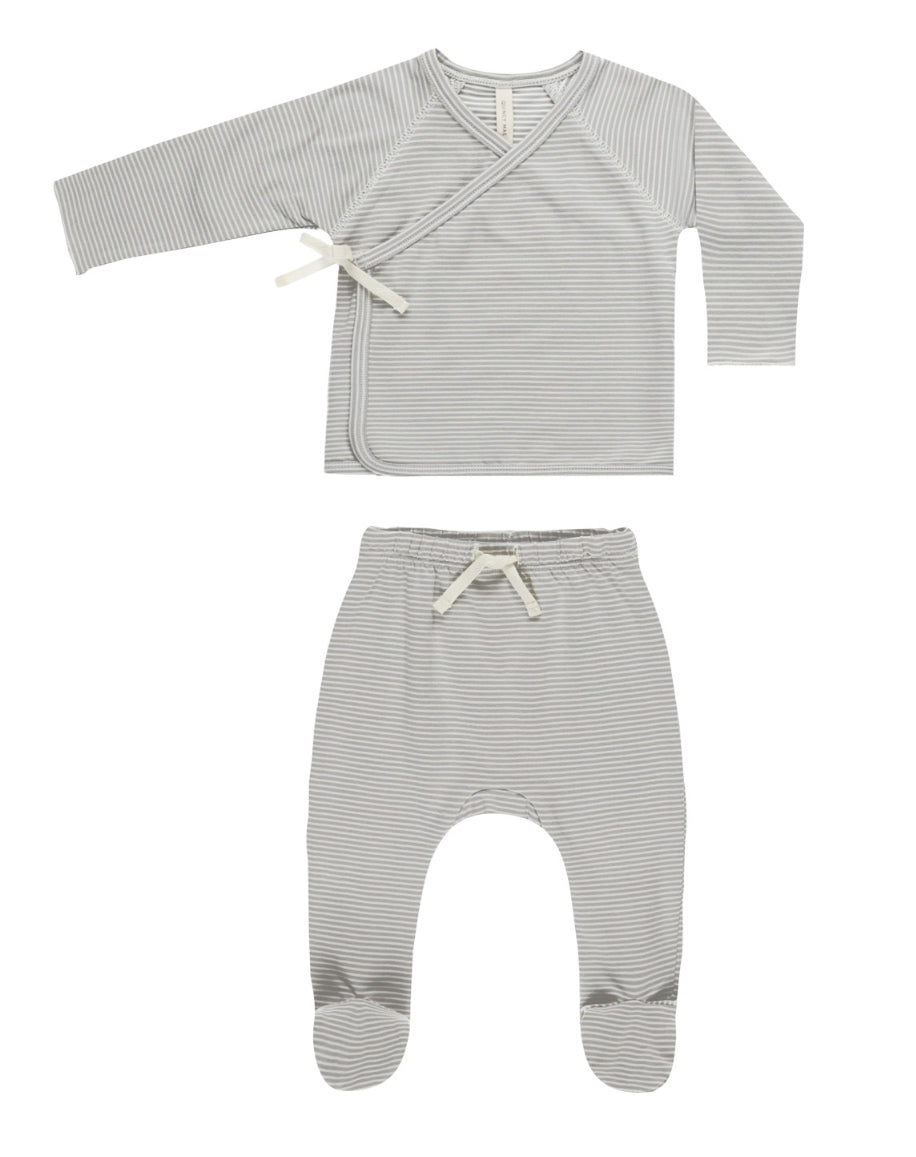 WRAP TOP + FOOTED PANT SET || BLUE MICRO STRIPE