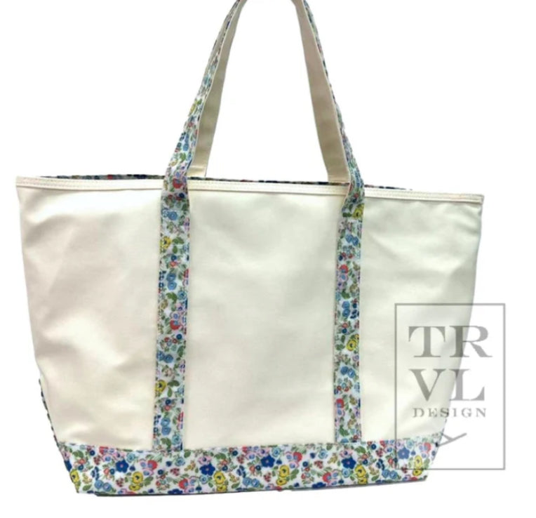 MAXI TOTE - COATED CANVAS Large NATURAL With POSIES TRIM