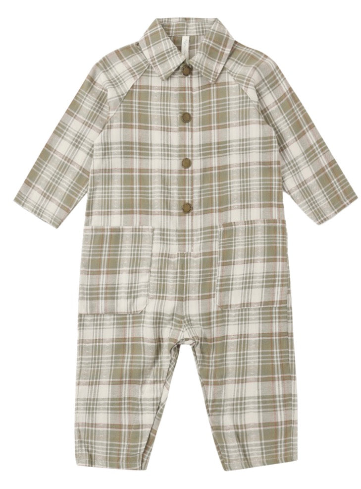 COLLARED BABY JUMPSUIT OLIVE DOBBY PLAID