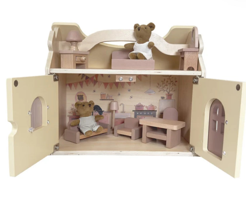 Wooden House With Plush Bears