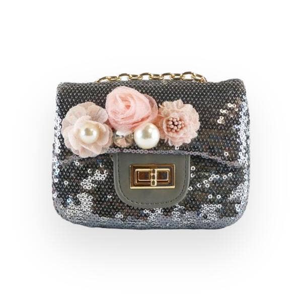 Floral Appliques Sequin Purse Silver