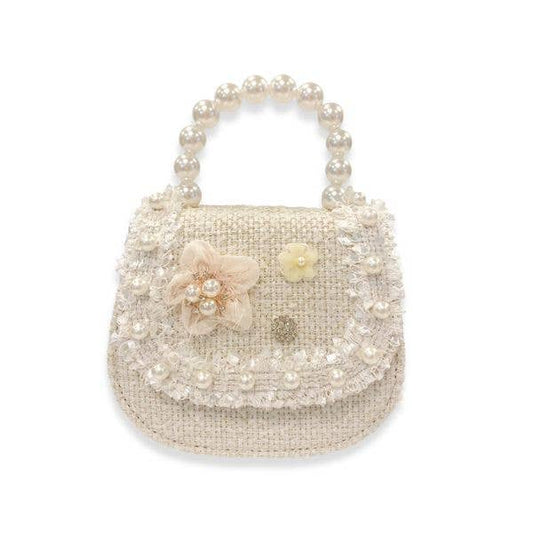 Floral Decor Tweed Purse: Beige