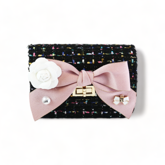 BLACK Floral Bow Tweed Purse