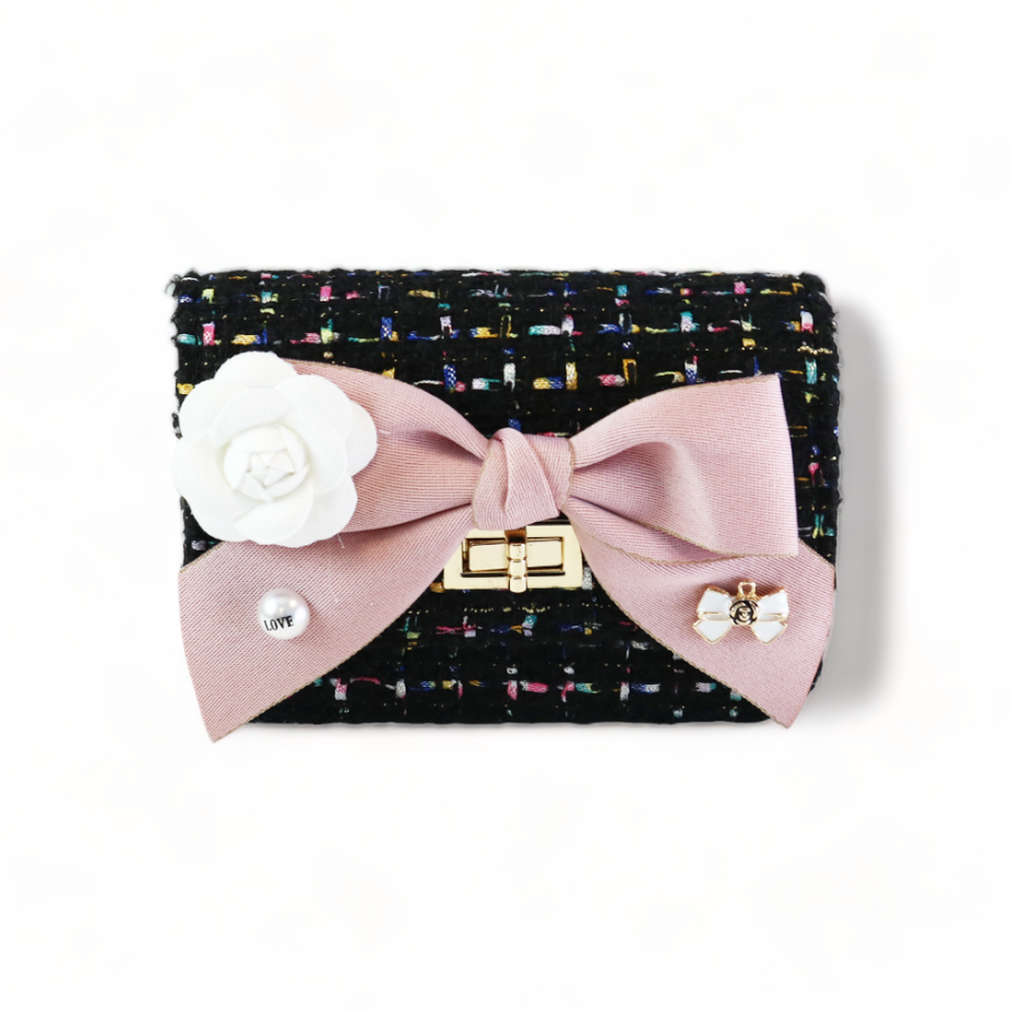 BLACK Floral Bow Tweed Purse