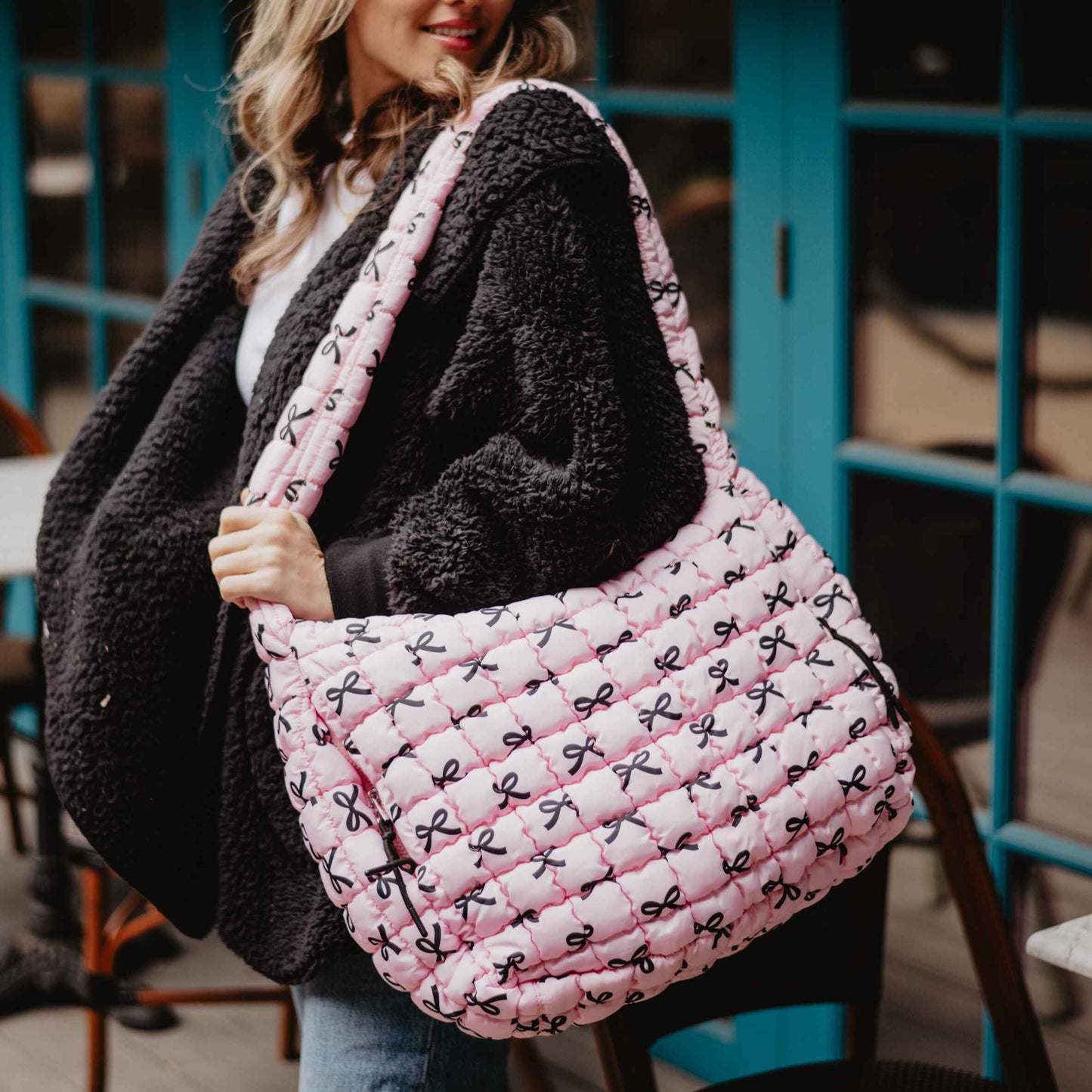 Pink Mini Coquette Bows All Over Oversized Puffer Tote Bag: Light Pink