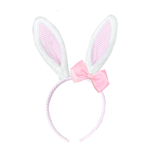 Seersucker Bunny Ears with Bow Headband, Pink