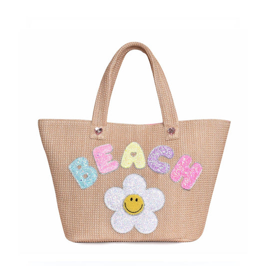'Beach' Daisy Straw Tote Bag