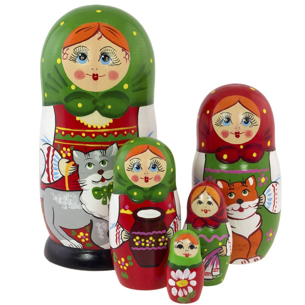 Russian Nesting Dolls Set with CATS, 5 Pcs/5.5"