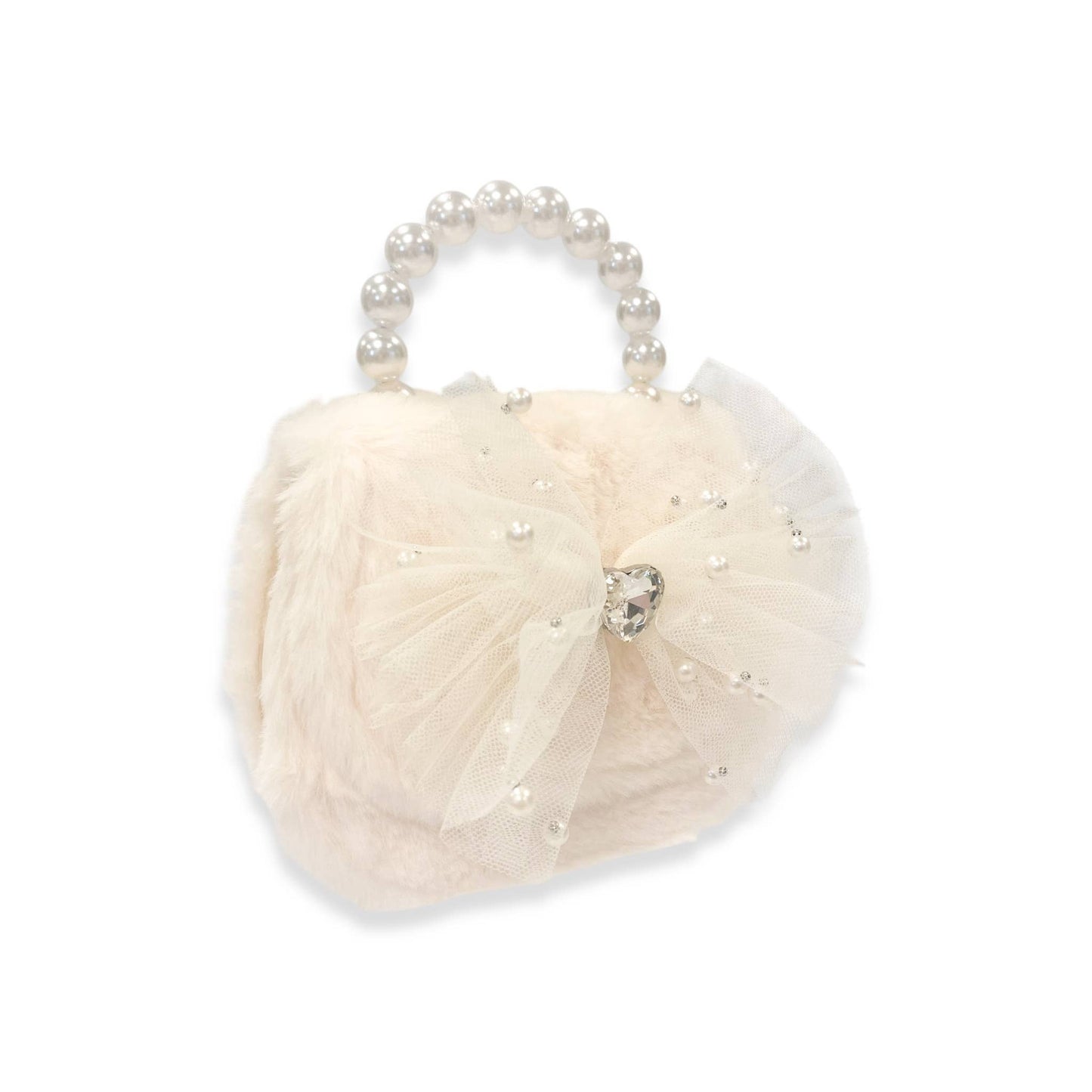 Mesh Bow Furry Purse Beige